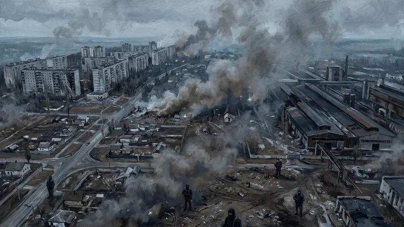 North Saltivka's tower blocks and the Tractor Plant from a drone