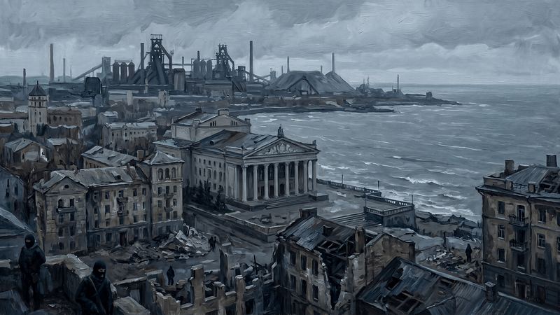 Mariupol's city center, theater and steelworks above the sea