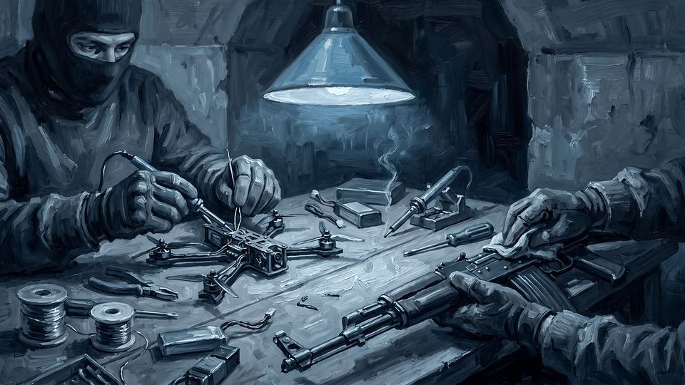 A drone being assembled on an armorer's workbench, painted in oil