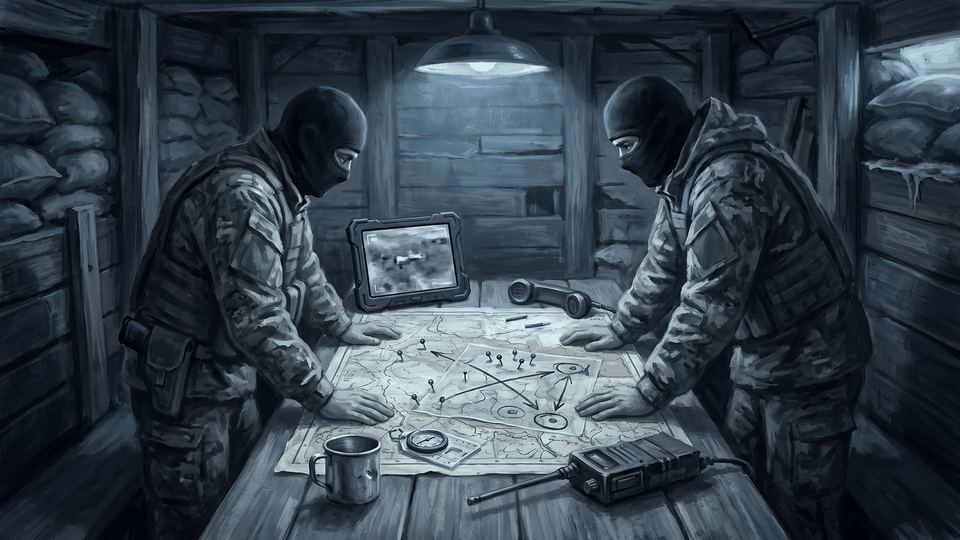 A command dugout: soldiers in balaclavas lean over a map of the front, painted in oil